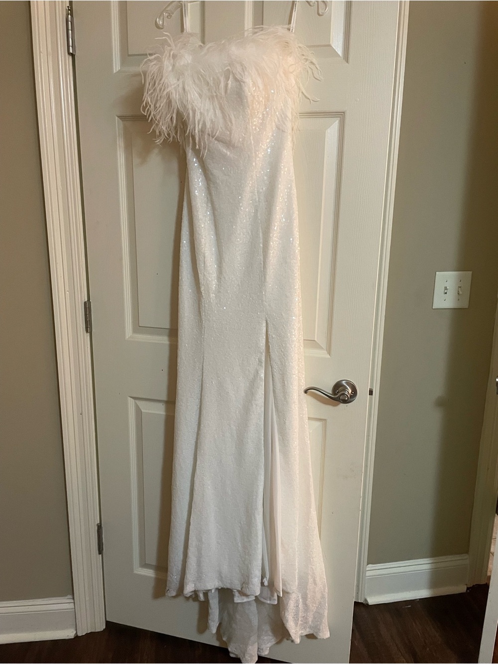 Sherri Hill White Strapless Sequin Gown with Feather Trim